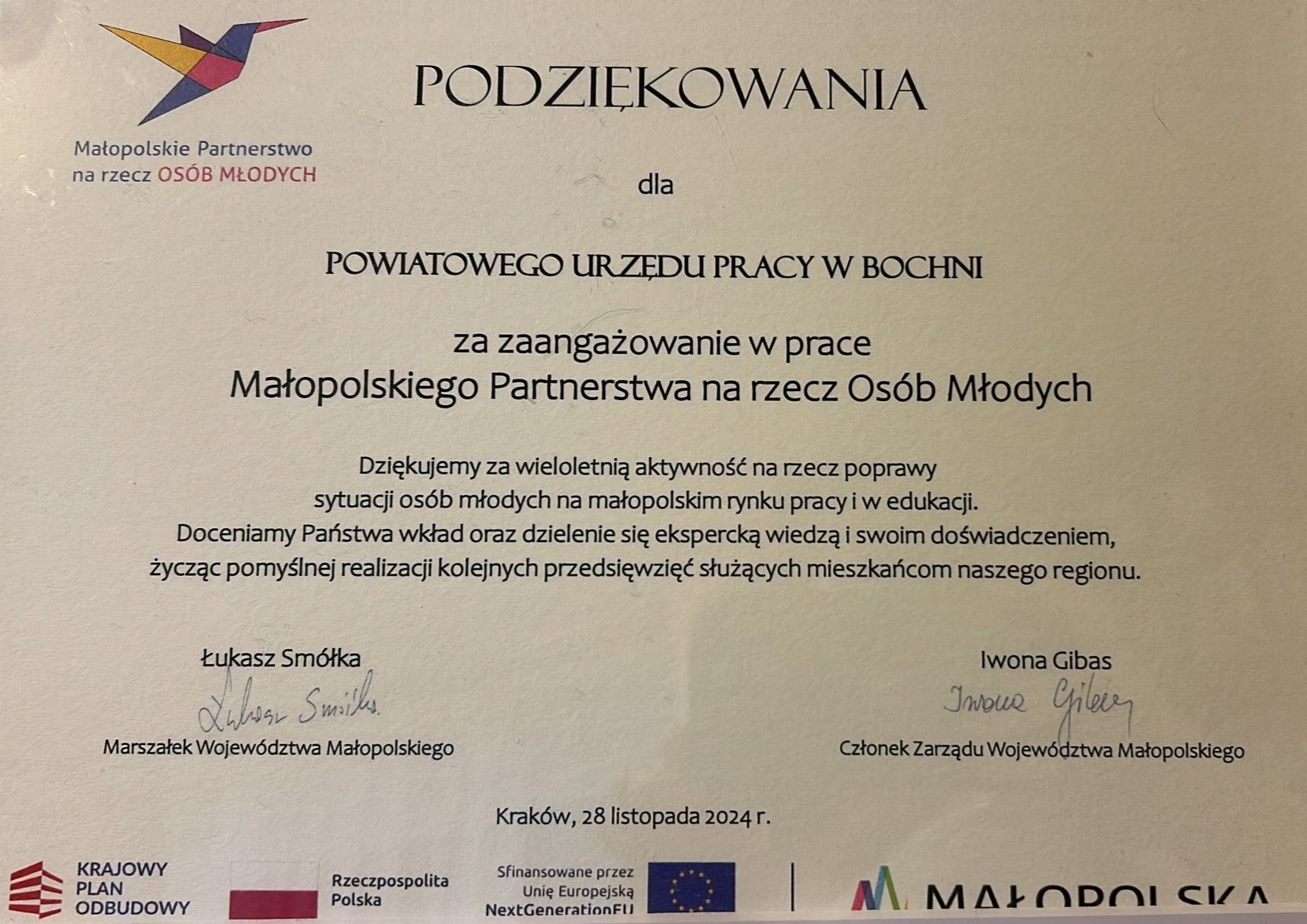 Podziękowanie za zaangażowanie w prace Małopolskiego Partnerstwa na rzecz Osób Młodych