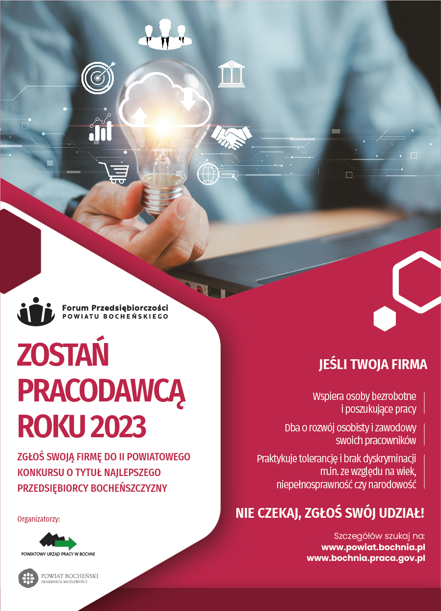 Plakat wydarzenia "Pracodawca Roku 2023 Powiatu Bocheńskiego"
